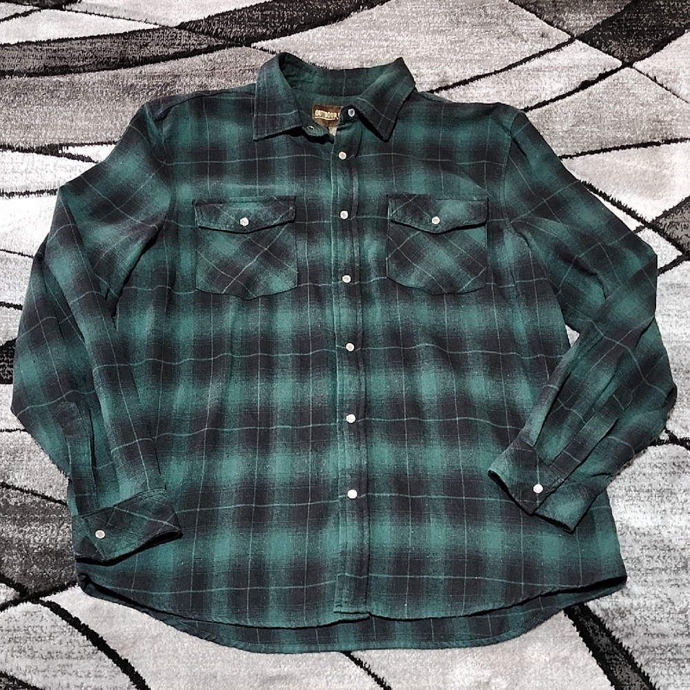 OUTDOOR CASUALS FLANNEL PLAID PEARL SNAP-BUTTON LONG-SLEEVE SHIRT